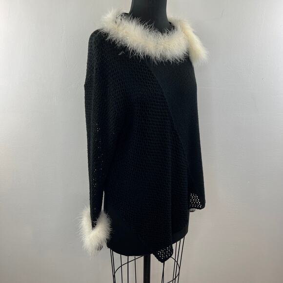 TERA BORA Black Long Sleeve Faux Fur Trim Open Knit Asymmetric Sweater Tunic 2 - Picture 3 of 7